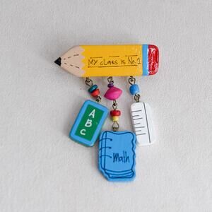 Vintage Teacher Yellow Pencil Dangle Fringe Pin Brooch Wood Colorful Novelty